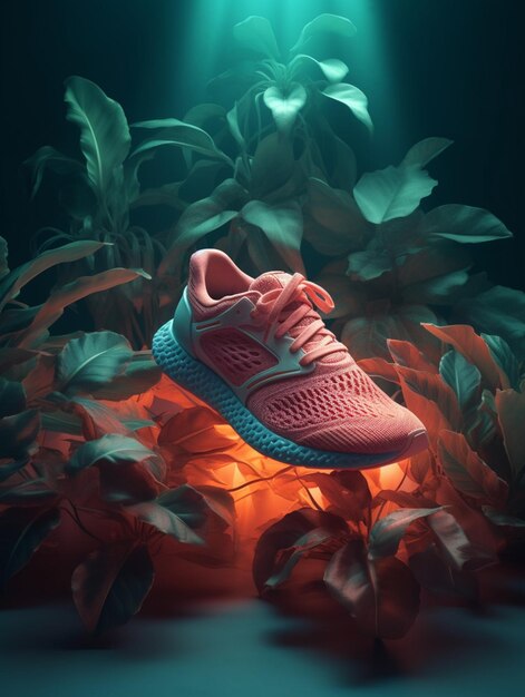 A red and blue adidas shoe is suspended above a plant.