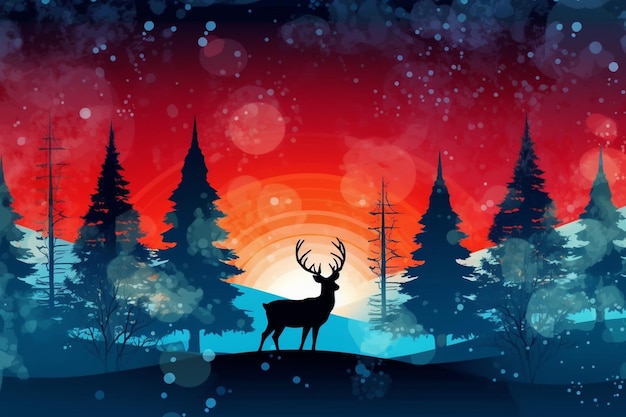 A red and blue background with a deer in the foreground and the sun behind it.