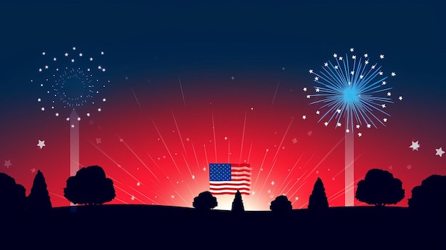 A red and blue background with a flag and fireworks in the background.