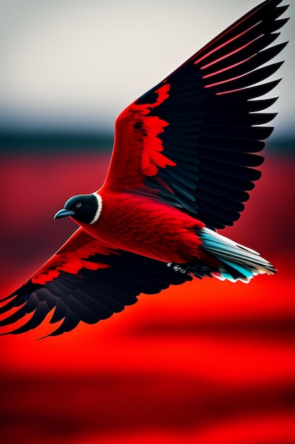 A red and blue bird with a black and white face and red wings.