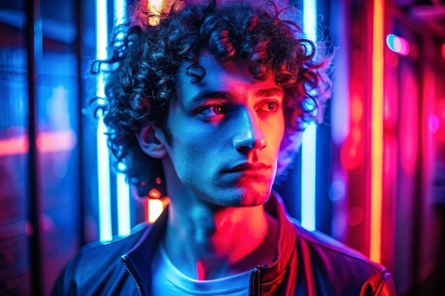 Red and blue colors Young man with curly hair is indoors illuminated by neon lighting