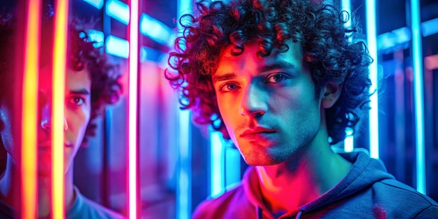 Red and blue colors Young man with curly hair is indoors illuminated by neon lighting