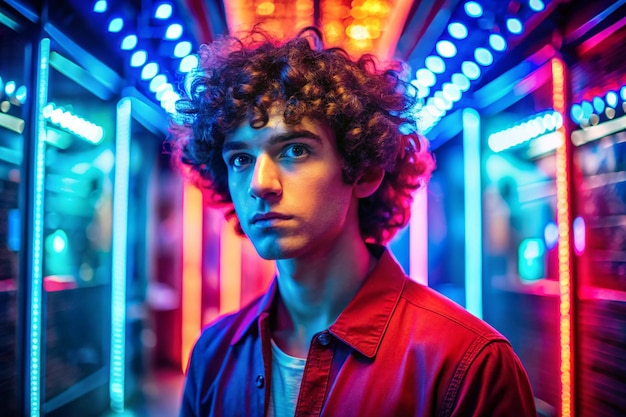 Red and blue colors Young man with curly hair is indoors illuminated by neon lighting