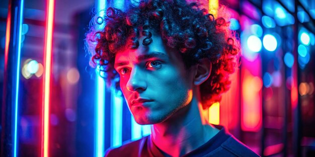 Red and blue colors Young man with curly hair is indoors illuminated by neon lighting