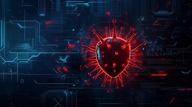 Photo red and blue digital rendering of a virus over a circuit board