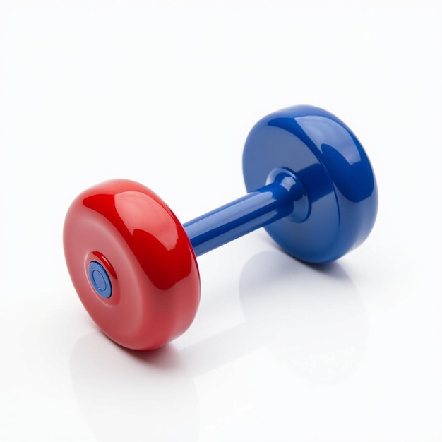 a red and blue dumbbell with a blue button on it