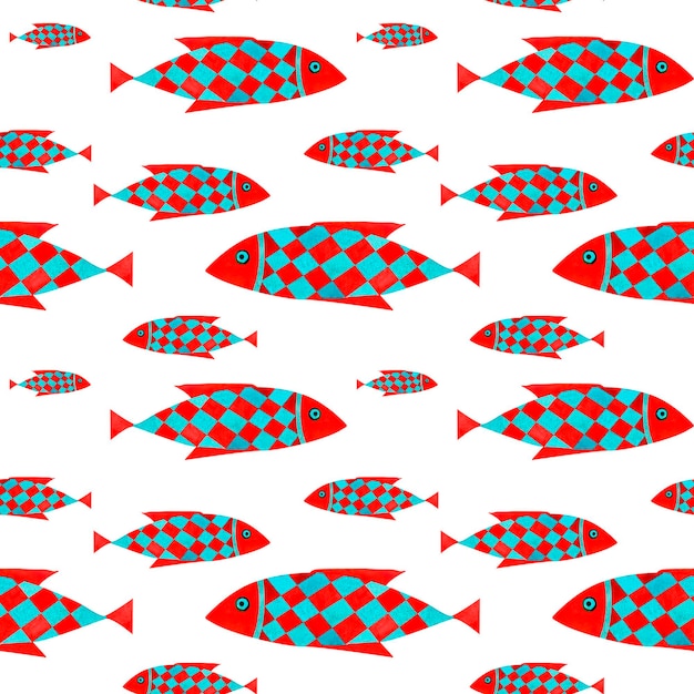 Red and blue fish Marine underwater sea animal seamless pattern watercolor art in ocean kids style for decorating children room package scrapbook school nursery invitation print postcard