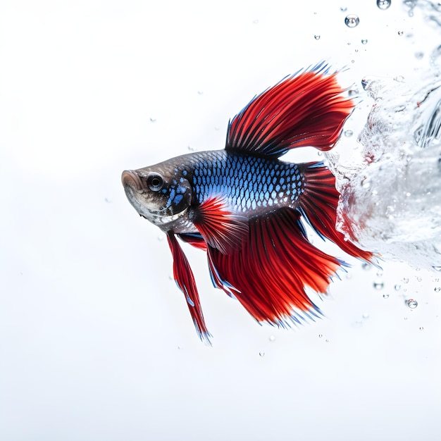 A red and blue fish with blue tail is swimming in a clear water.