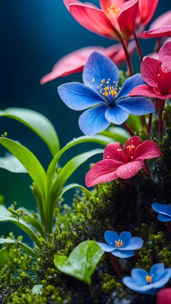 a red and blue flower in the garden