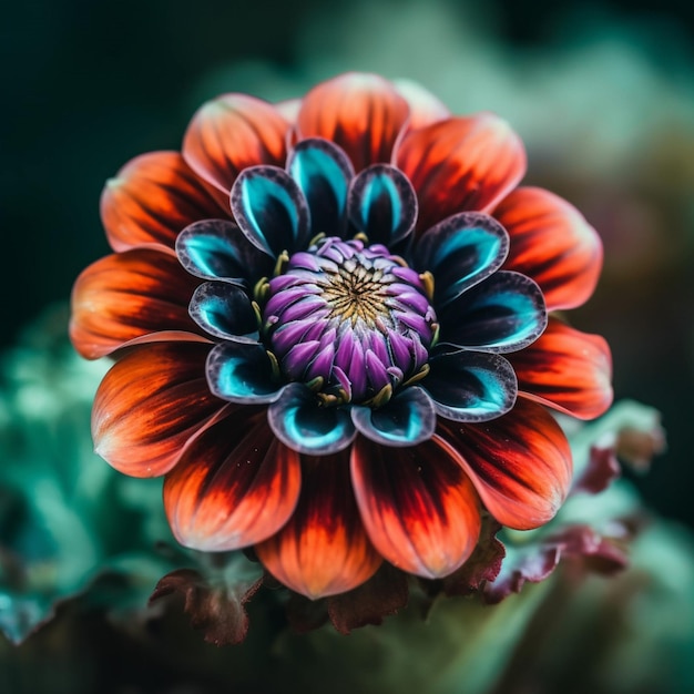 A red and blue flower with a purple center.