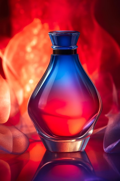 A red and blue glass bottle sitting on top of a table Generative AI image