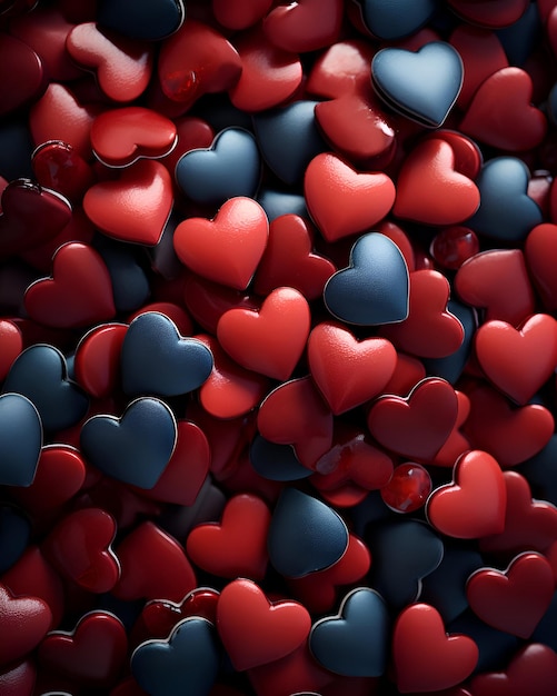 Red and blue hearts on a black background 3d illustration