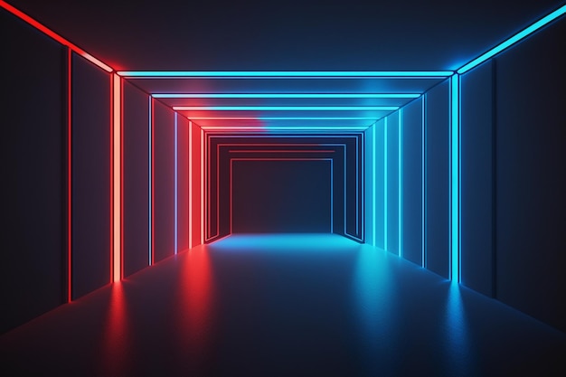 red blue neon light glowing lines blank horizontal screen ultraviolet spectrum empty room abstract