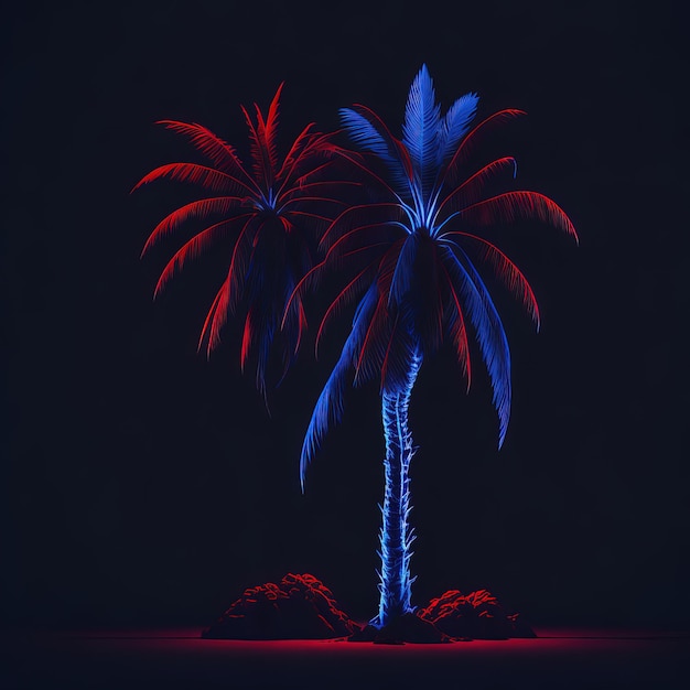 A red and blue palm tree is in front of a black background.