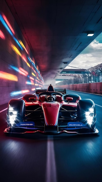 Red and blue race car driving through tunnel with lights in the background