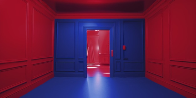 A red and blue room with a door that says'the door to the left '