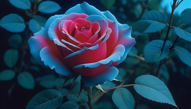 a red and blue rose with a blue center