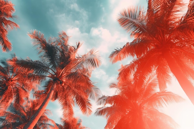 A red and blue sky with palm trees in the foreground and the sun shining through the clouds.