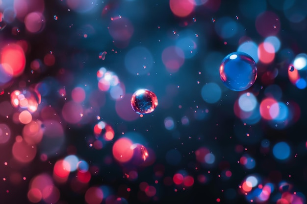 red blue spheres macro photography bokeh effect red light reflections black surface water droplets h