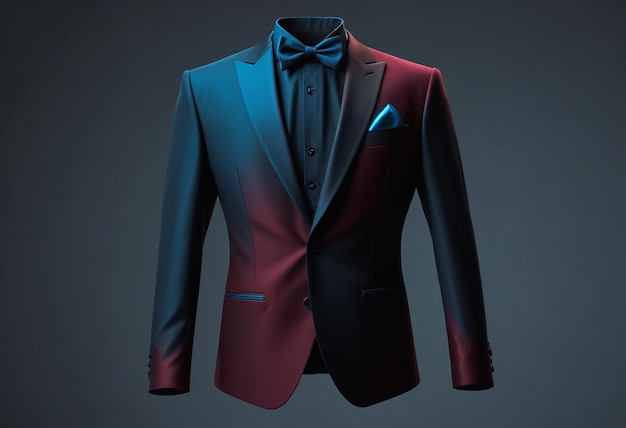 a red and blue suit with a red and blue bow tie