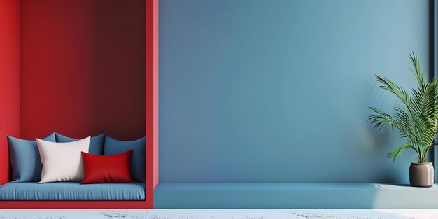 Photo red and blue walls with a cushioned bench generative ai