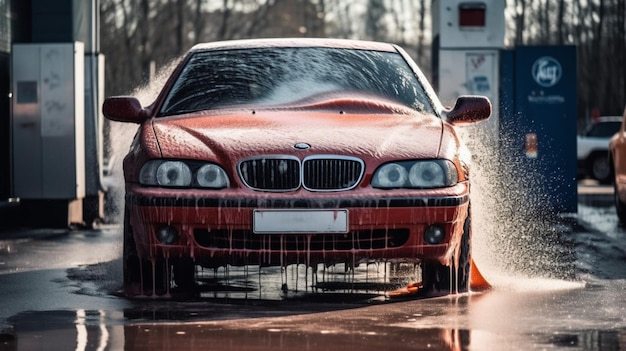 A red bmw car is driving through a puddle and it is going to be a water feature.