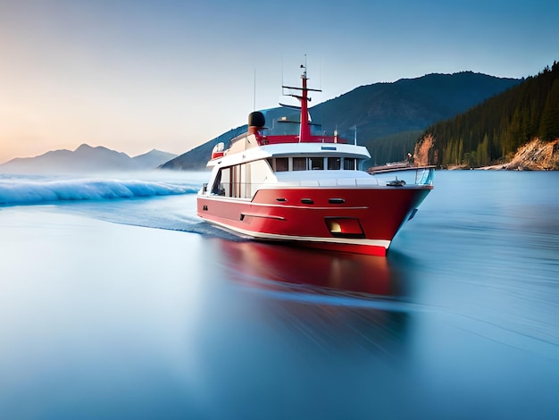 A red boat is floating on the water in front of a mountain.