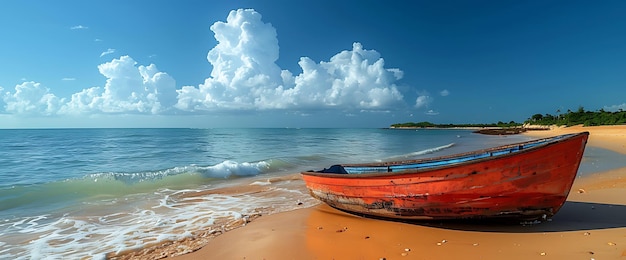 A red boat on a sandy beach with blue water and white clouds