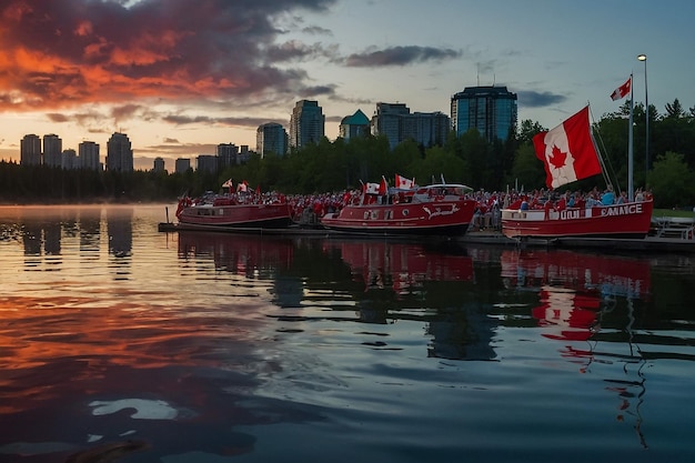 a red boat with a canadian flag on the top of it