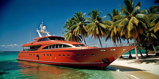 a red boat with a palm tree on the top