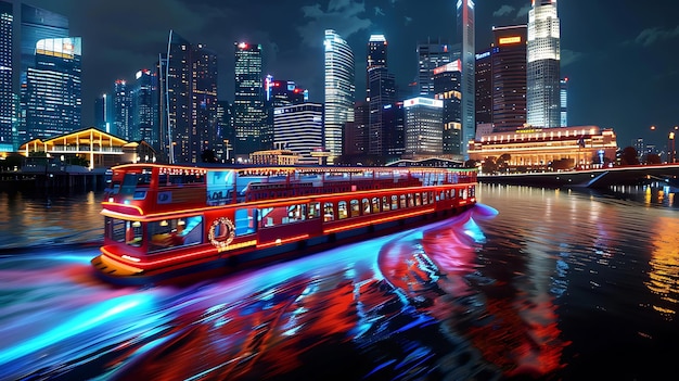 a red boat with a red boat on the water and a city in the background