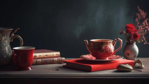 A red book with a red book on it and a cup of tea on it.