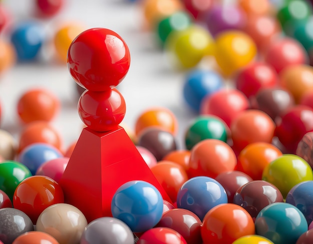 a red bottle of red glass with a red top sits in a pile of colorful balls