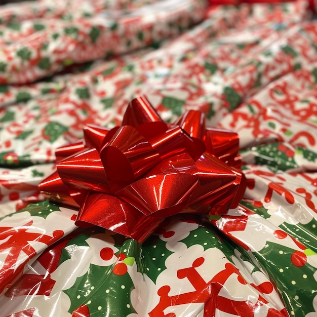 Photo a red bow is on top of a christmas wrapping paper