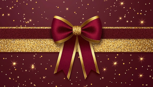 Red Bow with Golden Glitter and Confetti on Burgundy Background