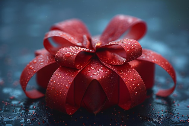 a red bow with water droplets on it sits on a wet surface