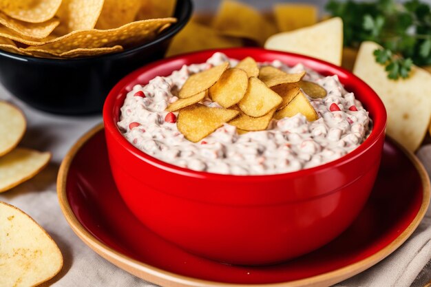 A red bowl of dip with chips on the side.