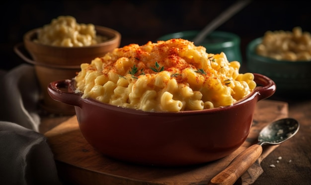 Red bowl filled with macaroni and cheese on top of wooden cutting board Generative AI