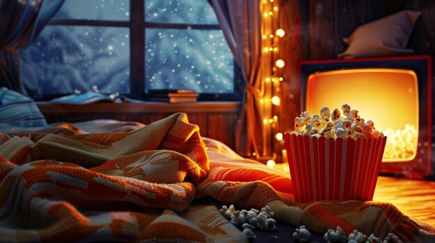 Photo a red bowl of popcorn sits next to a fireplace with a fire in the background