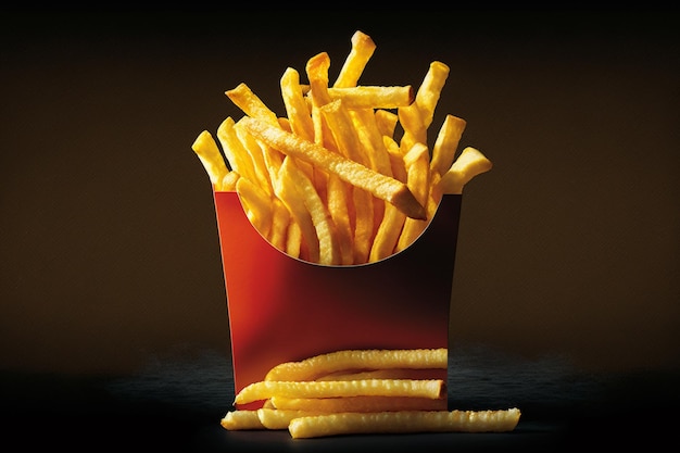 A red box of french fries is sitting on a black table.