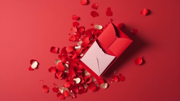 A red box with a pink envelope is surrounded by hearts on a red background.