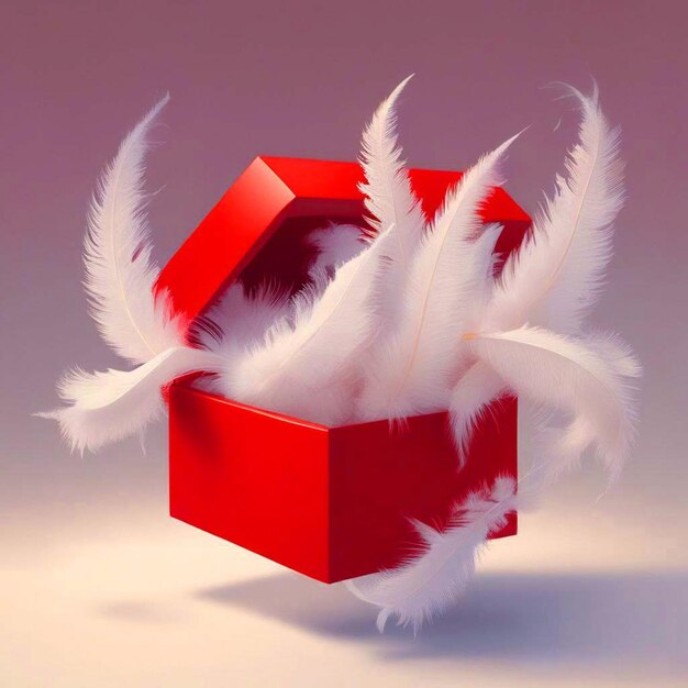 Photo a red box with white feathers in it and on the bottom