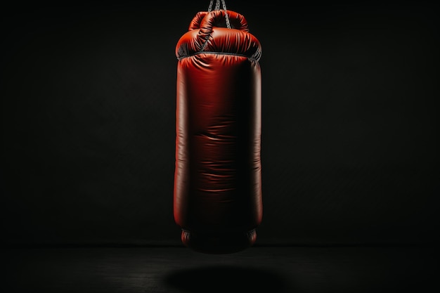 A red boxing glove is hanging from a black background