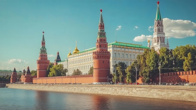 Red brick fortress with towers and a river in front