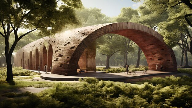 Red Brick Wall in the Shape of an Arch on Grassy Ground