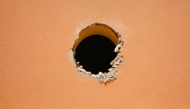 Photo a red brick wall with a hole in it revealing a bright blue sky the hole is partially filled with loose bricks