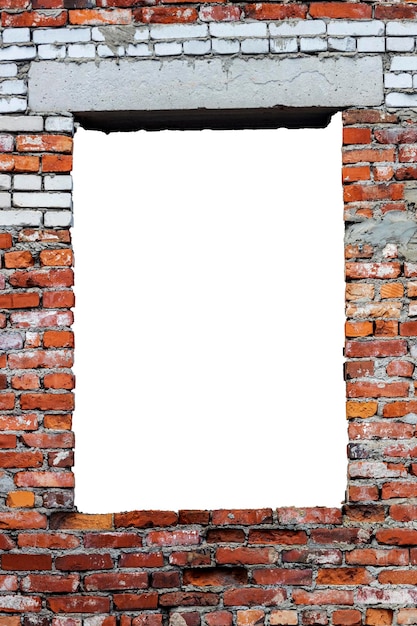 Red brick wall with a hole in the middle. isolated on white background. grunge frame. vertical frame. High quality photo