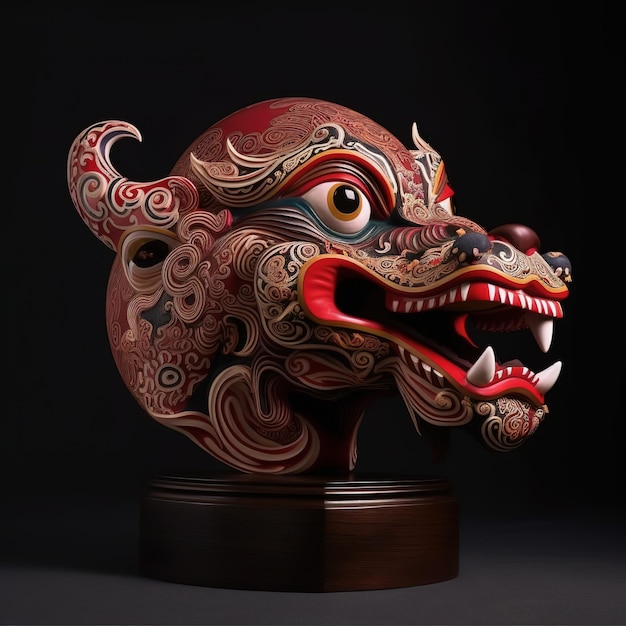 A red and brown dragon head with a red face and a white nose.