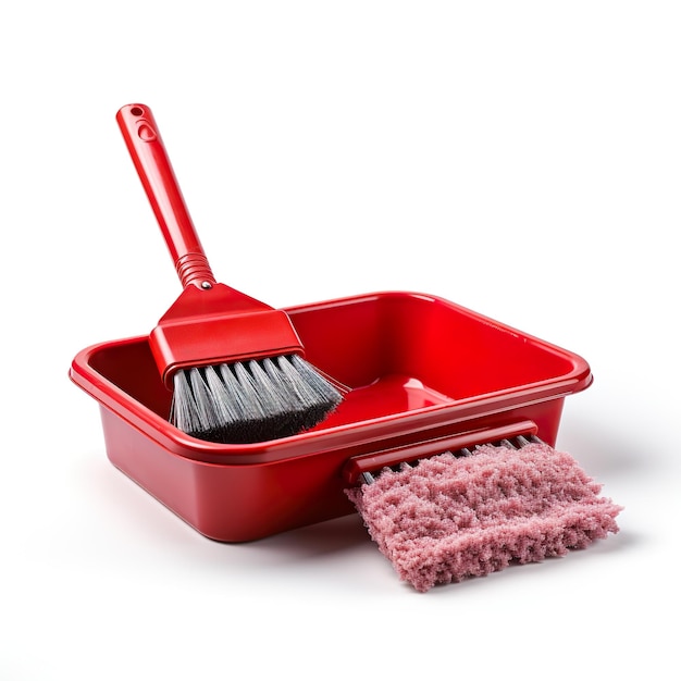 Red Brush and dustpan for cleaning the apartment isolated on white background