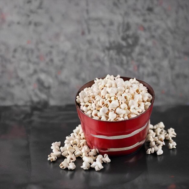 Photo a red bucket of popcorn on a black table with a red and white striped bucket